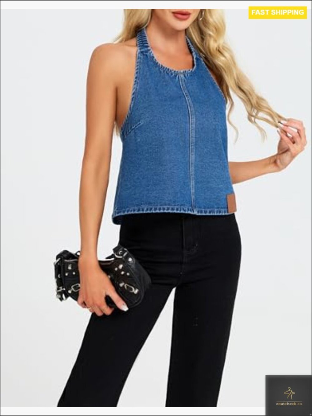 Halter Denim Vest Sleeveless Open Back Y2K Western Waistcoat Crop Jean Top Party - Picture 5 of 7